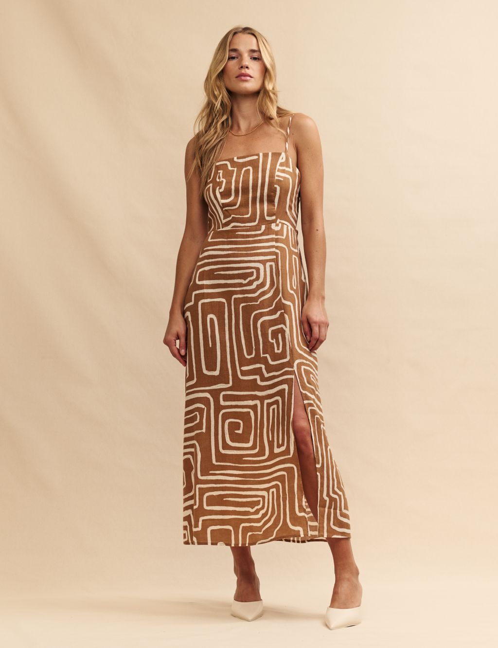 Printed Square Neck Midi Dress With Linen 1 of 6