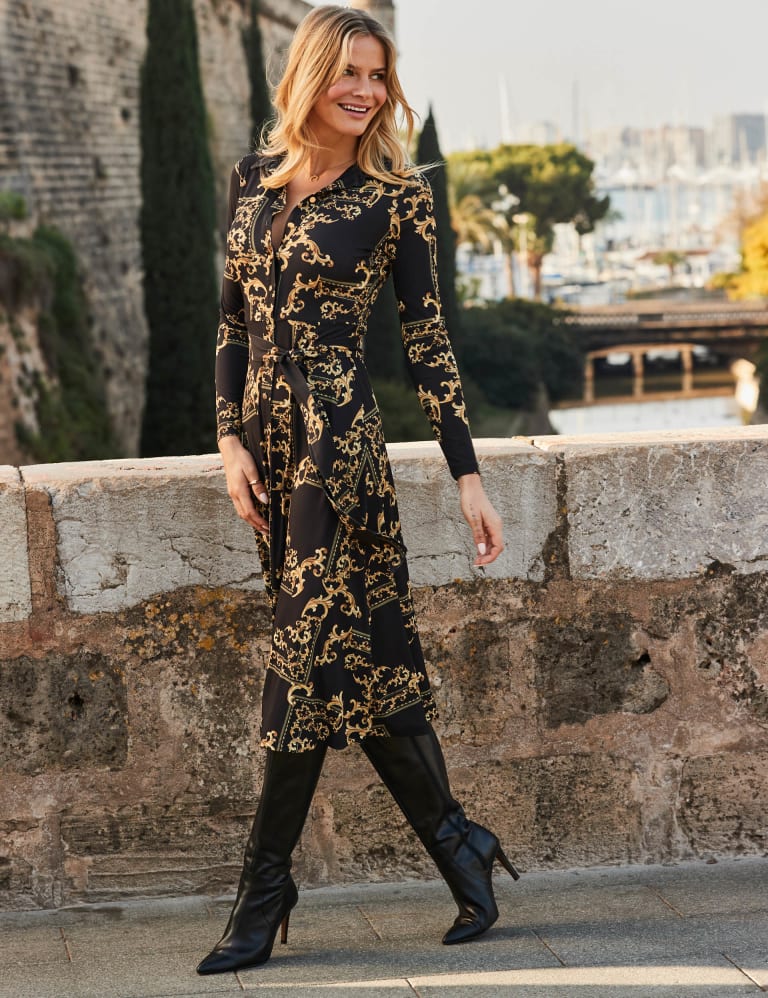 Printed Tie Front Midi Shirt Dress