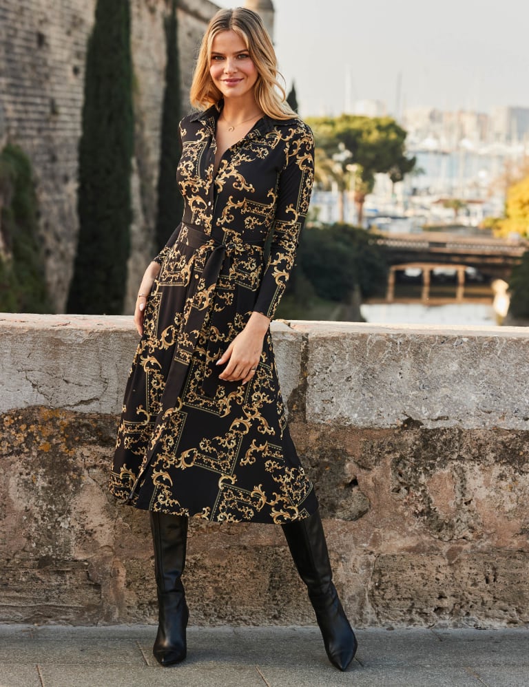 Printed Tie Front Midi Shirt Dress SOSANDAR M S