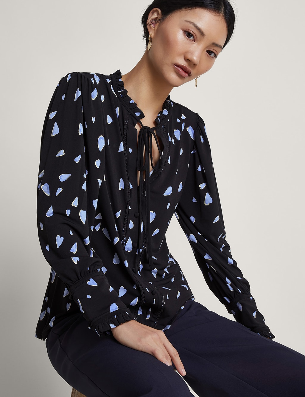 Printed Tie Neck Frill Detail Blouse 3 of 5