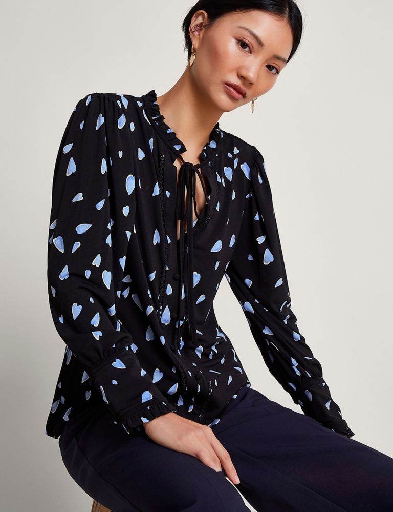 Printed Tie Neck Frill Detail Blouse 1 of 5