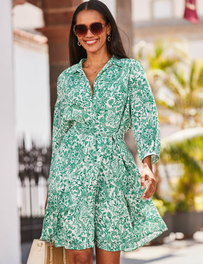 Printed Tie Waist Knee Length Shirt Dress