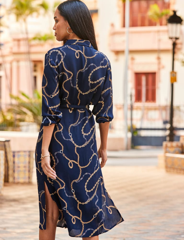 Navy & White Print Tiered Shirt Dress