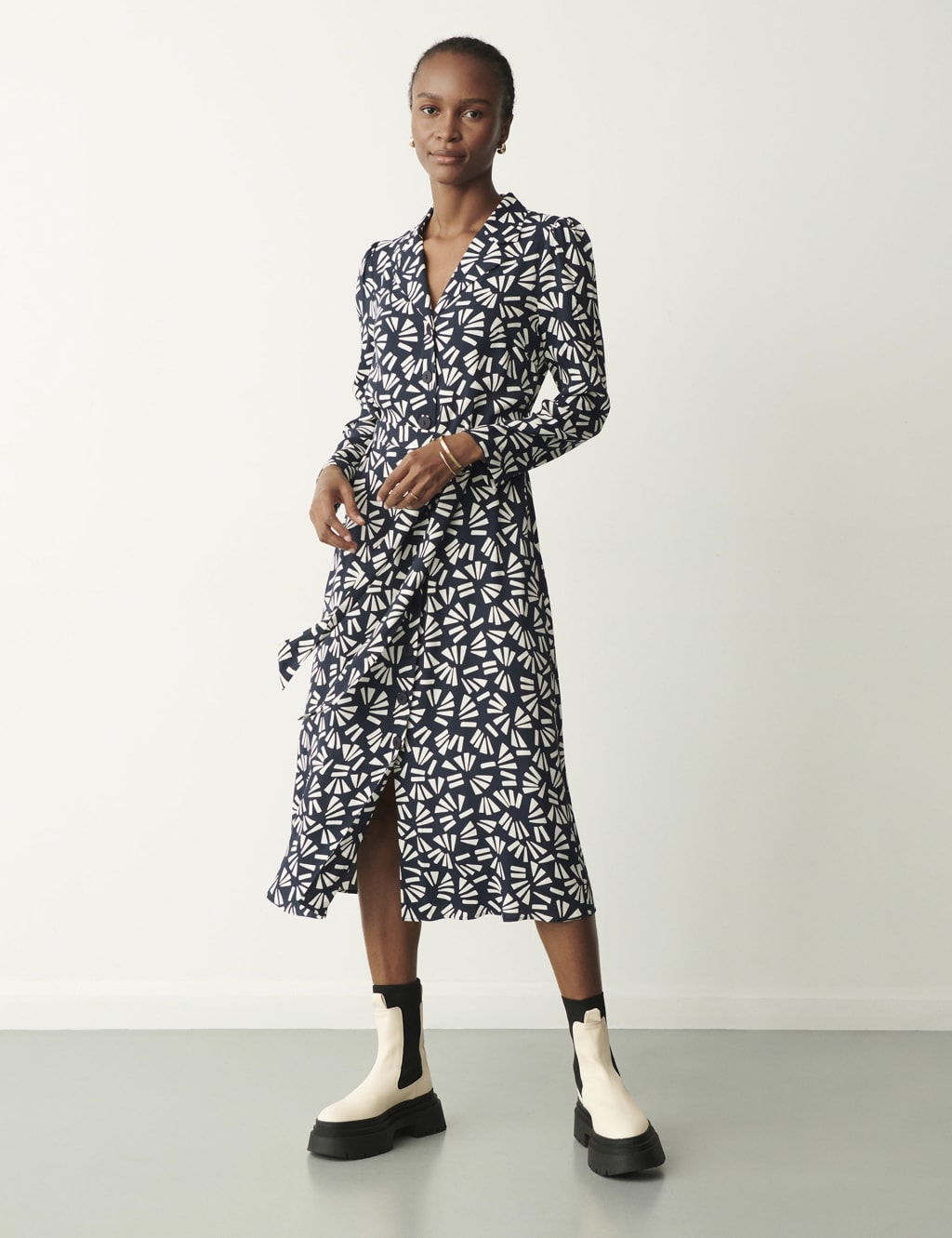Printed Tie Waist Midi Shirt Dress