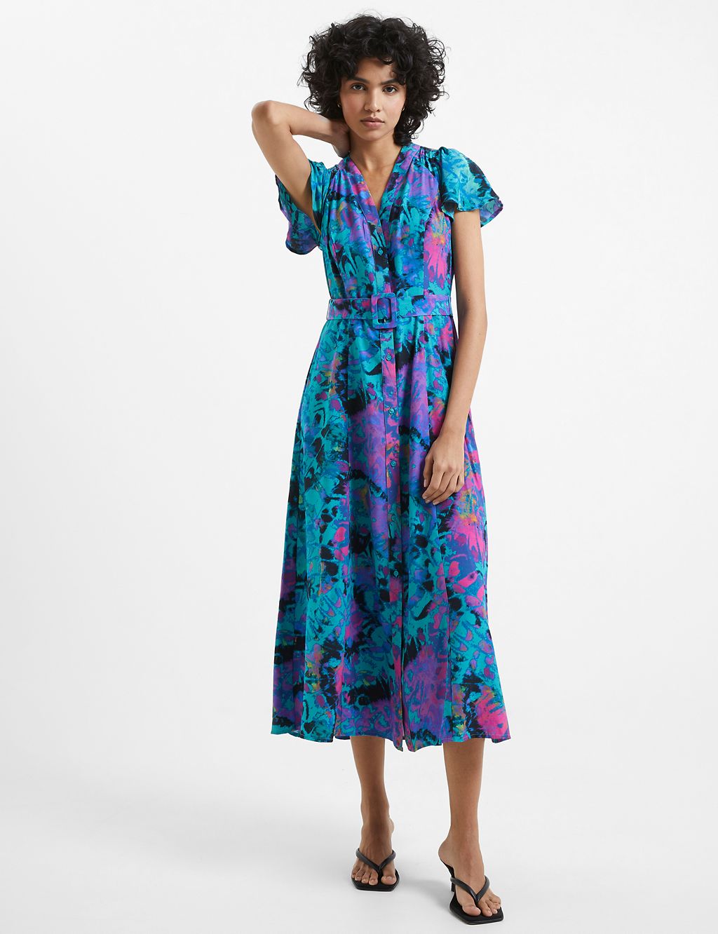 Printed V-Neck Belted Midi Tea Dress | French Connection | M&S