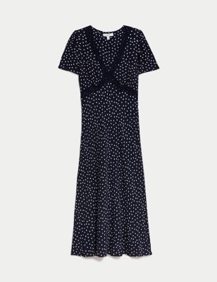 Printed V-Neck Lace Insert Midi Tea Dress Image 2 of 6