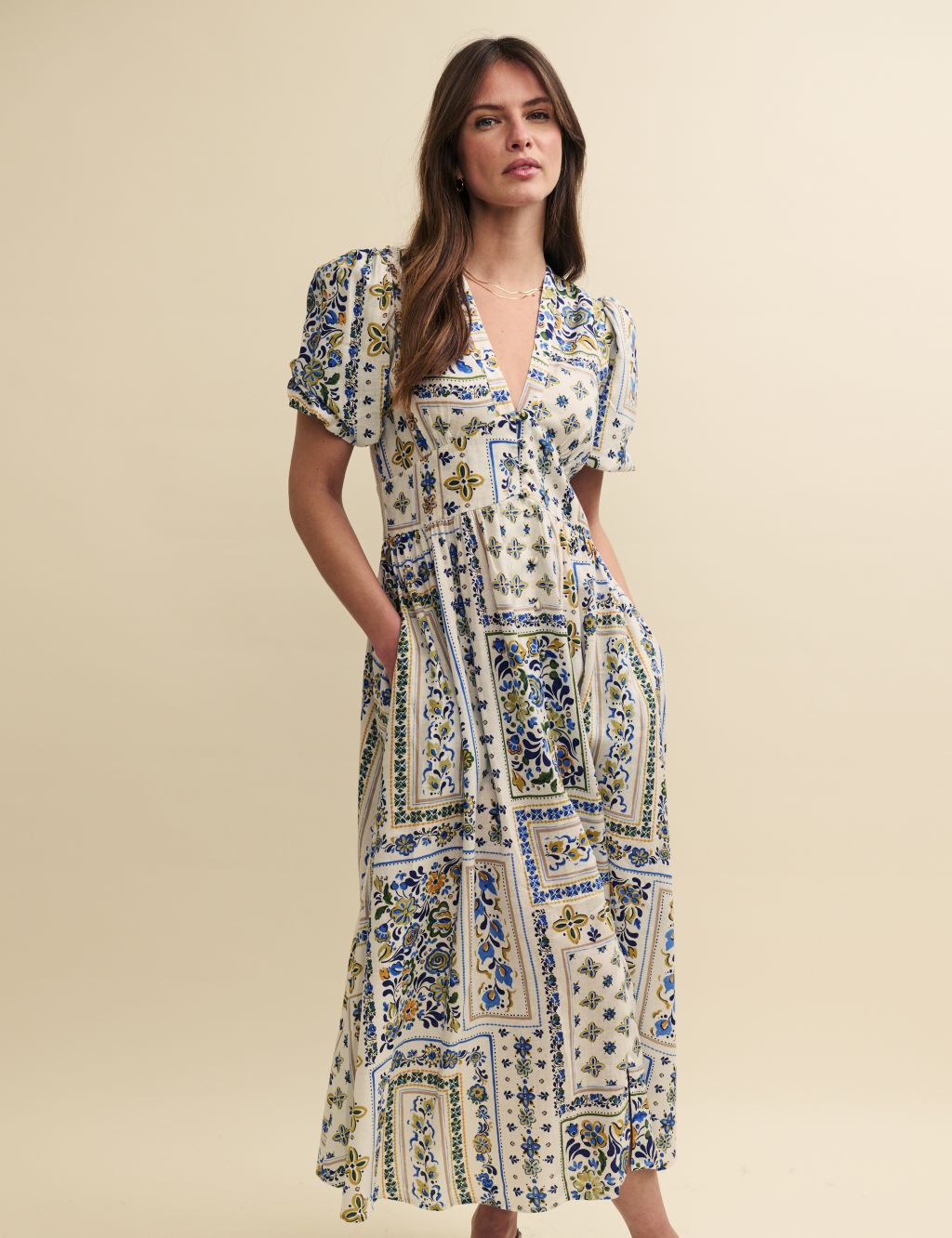 Printed V-Neck Midaxi Dress With Linen 1 of 5