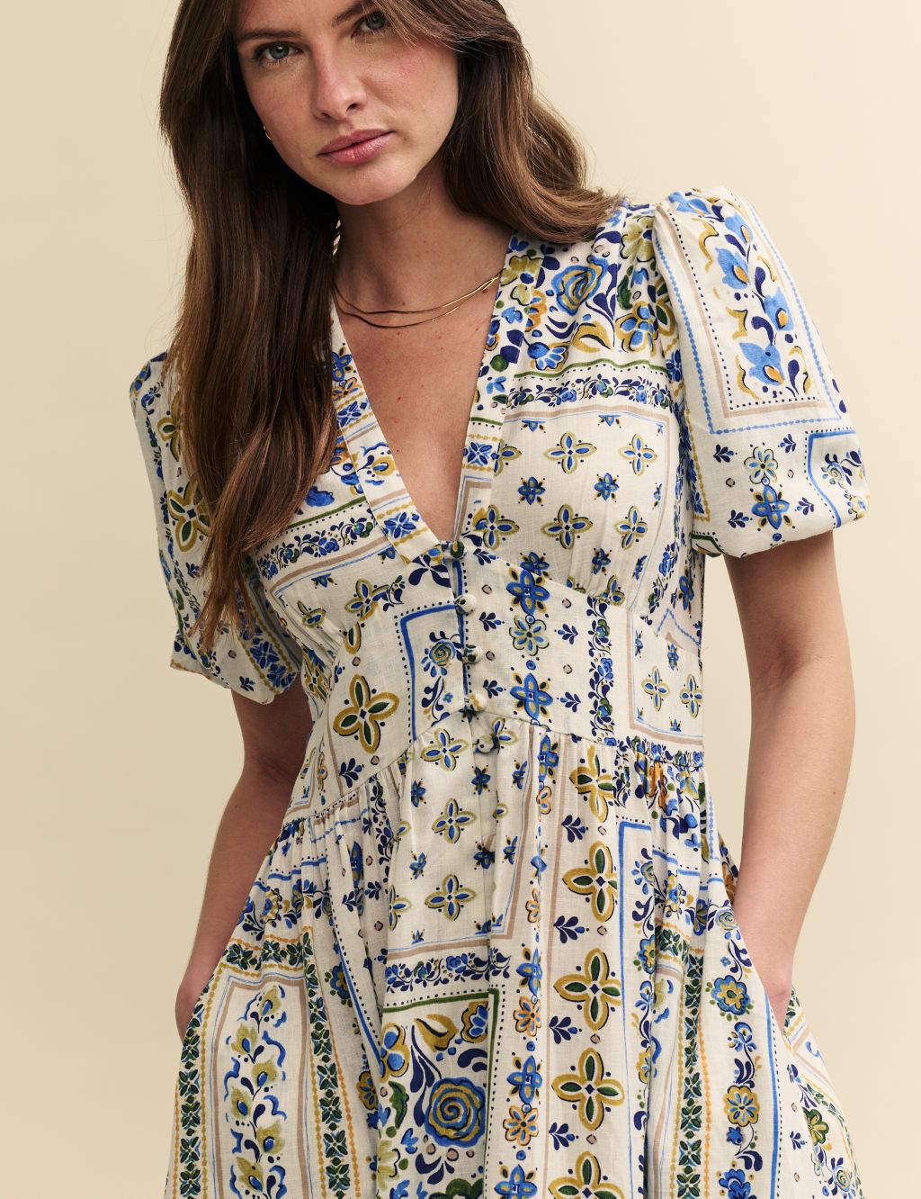 Printed V-Neck Midaxi Dress With Linen 4 of 5