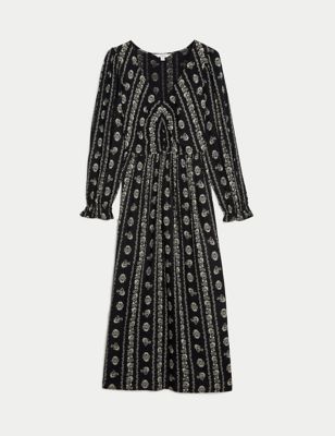 Printed V-Neck Midi Shirred Dress Image 2 of 6