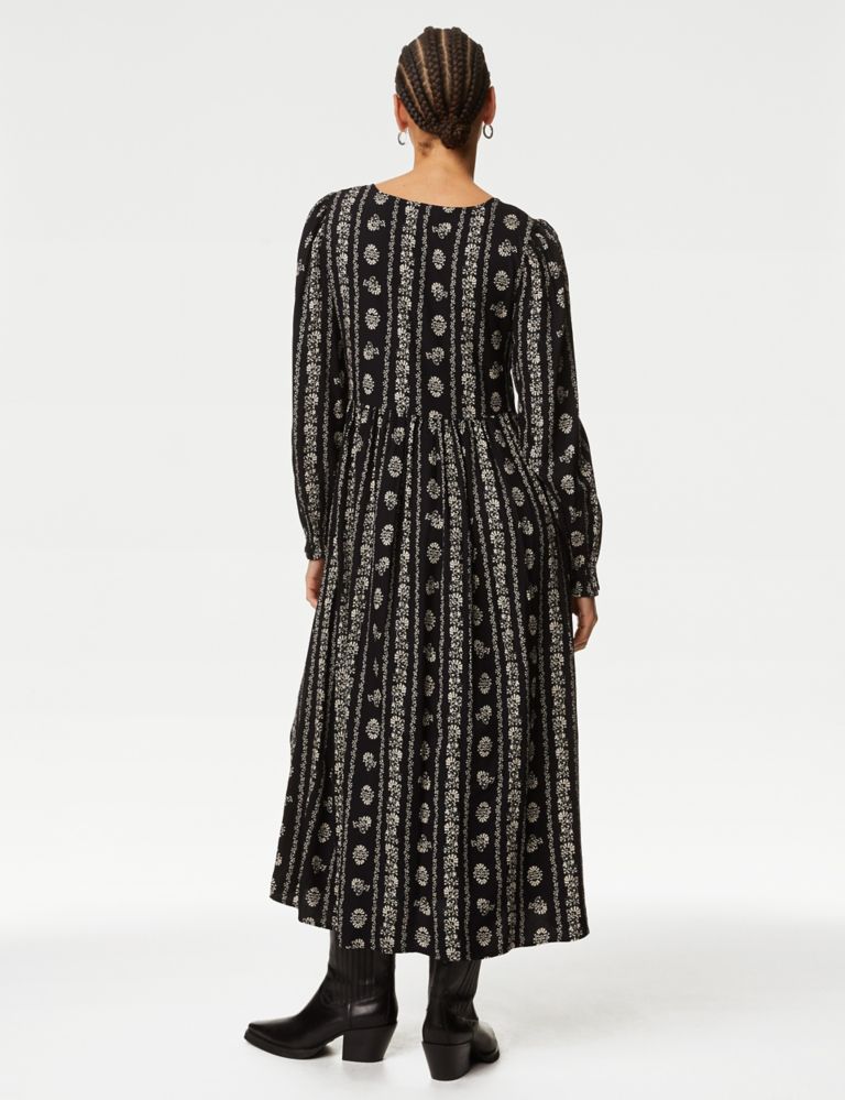 Printed V-Neck Midi Shirred Dress 5 of 6