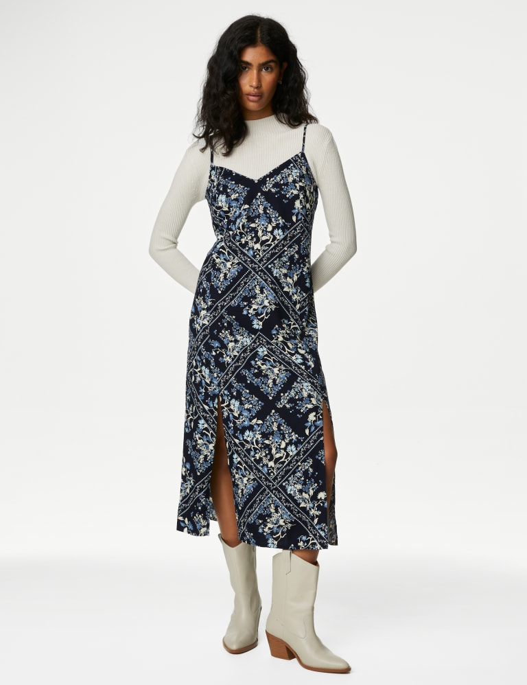 Printed V Neck Midi Slip Dress