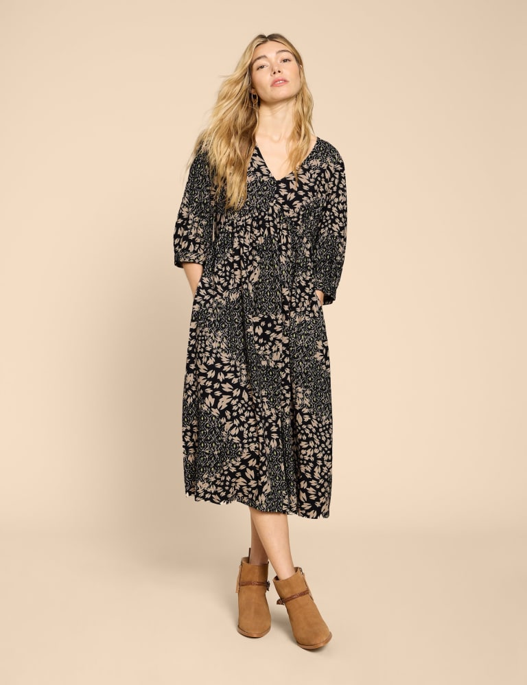 Printed V Neck Midi Smock Dress