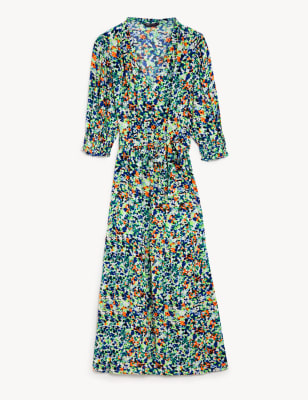 Printed V-Neck Midi Waisted Dress Image 2 of 7