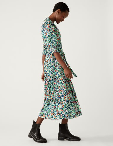 Printed V-Neck Midi Waisted Dress 1 of 7