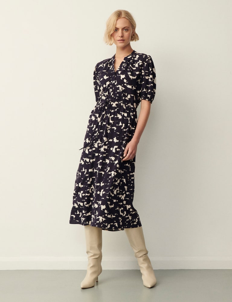 Printed V-Neck Midi Waisted Dress 1 of 4