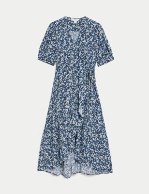 Pure Cotton Printed Square Neck Midi Waisted Dress