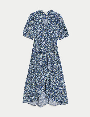 Printed V-Neck Midi Waisted Wrap Dress Image 2 of 5