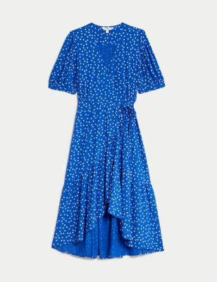Printed V-Neck Midi Waisted Wrap Dress Image 2 of 4