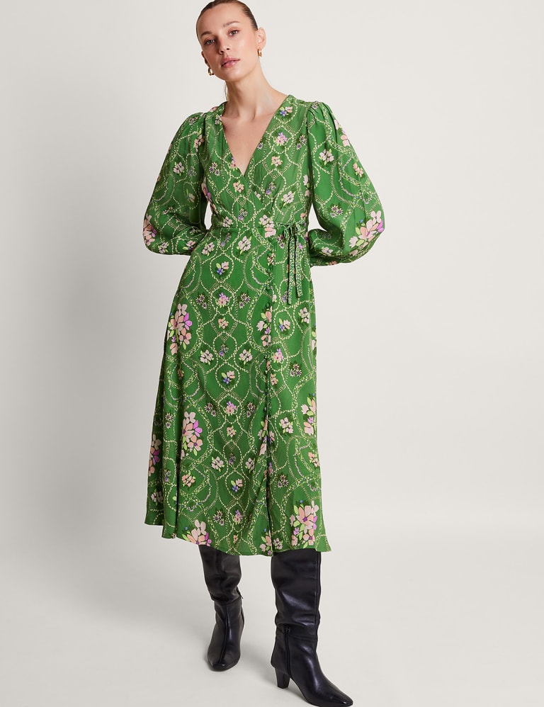 Printed V-Neck Midi Wrap Dress 1 of 4