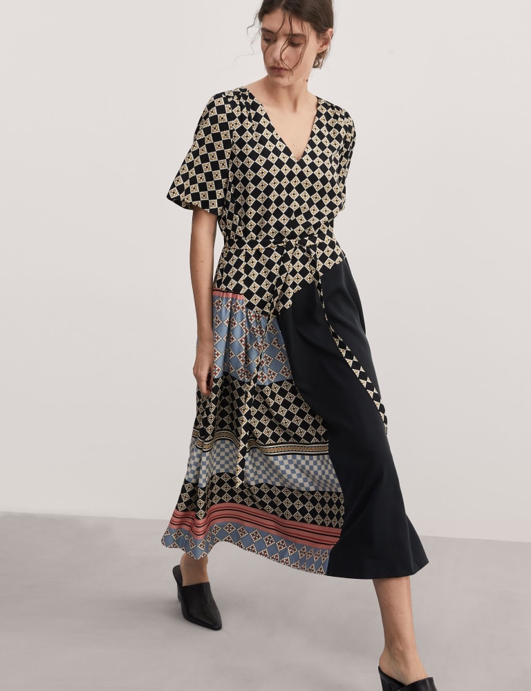 Printed V Neck Midi Wrap Dress