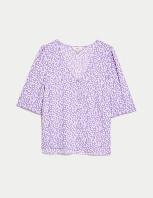Printed V-Neck Puff Sleeve Blouse Image 2 of 5