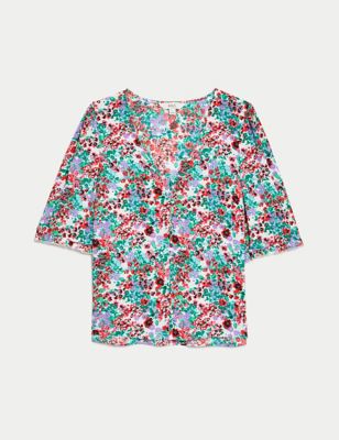 Printed V-Neck Puff Sleeve Blouse Image 2 of 5