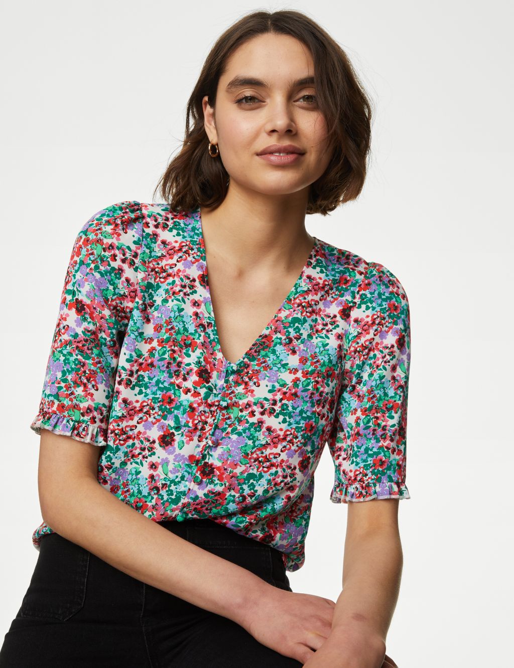 Printed V-Neck Puff Sleeve Blouse 2 of 5