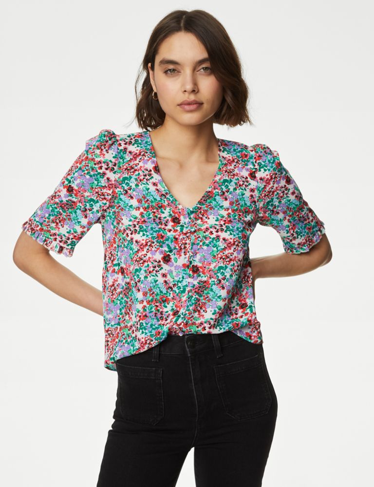 Printed V-Neck Puff Sleeve Blouse 4 of 5