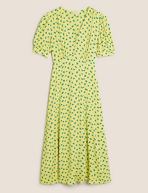Printed V-Neck Puff Sleeve Midi Tea Dress Image 2 of 7