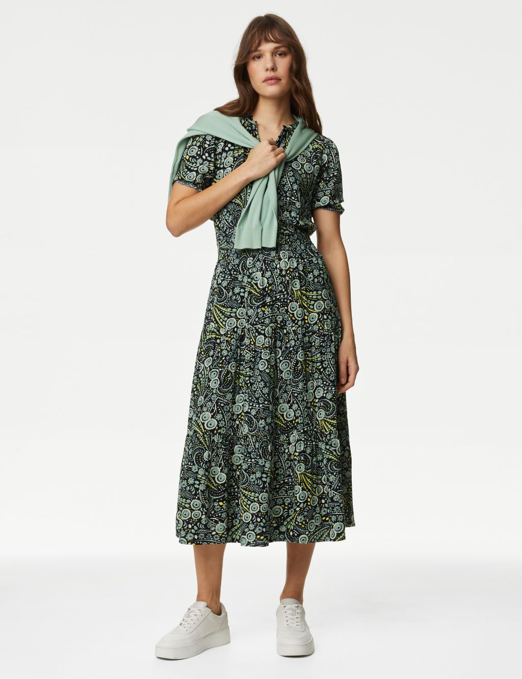 Printed V-Neck Shirred Midi Waisted Dress | M&S Collection | M&S