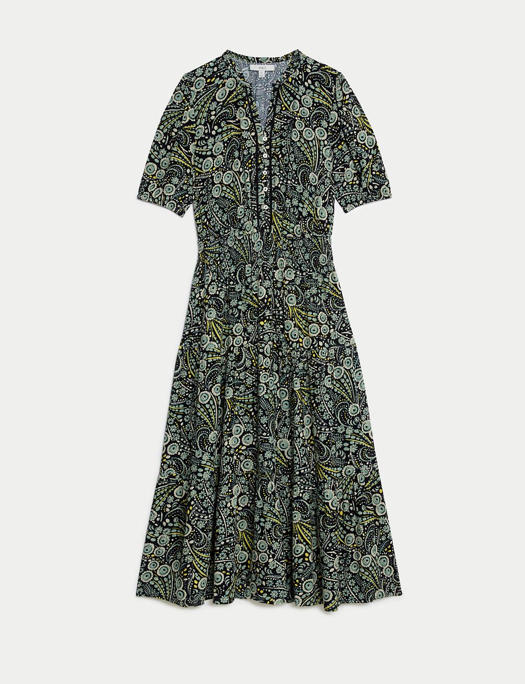 Printed V-Neck Shirred Midi Waisted Dress 1 of 4