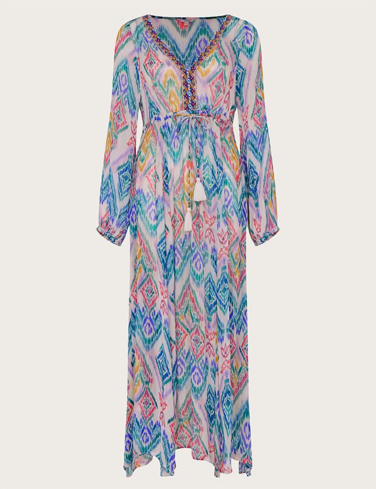 Printed V-Neck Tie Front Maxi Waisted Dress 2 of 5
