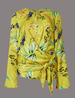 Printed Wrap Round Neck Long Sleeve Blouse Image 2 of 5