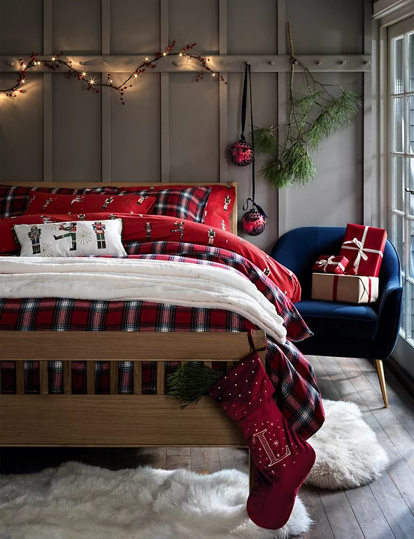 Pure Brushed Cotton Checked Christmas Bedding Set | M&S Collection | M&S