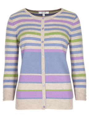 Pure Cashmere 3/4 Sleeve Engineered Striped Cardigan Image 2 of 5