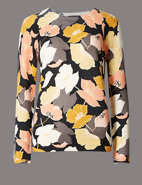 Pure Cashmere Floral Print Ribbed Jumper Image 2 of 4