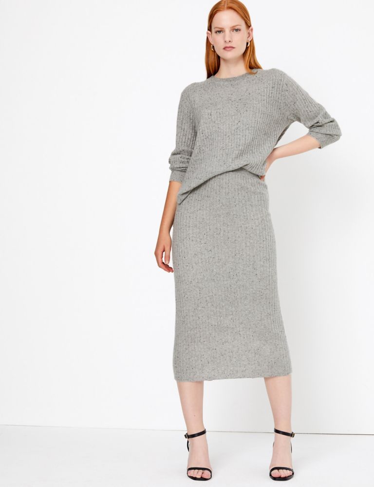 Pure Cashmere Ribbed Knit Midi Skirt 1 of 4
