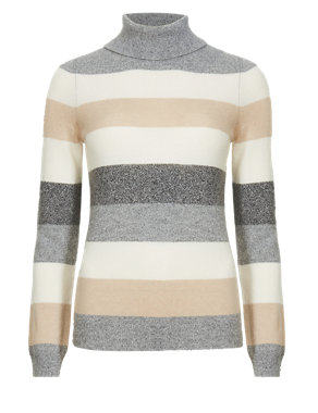 Pure Cashmere Roll Neck Striped Jumper Image 2 of 4