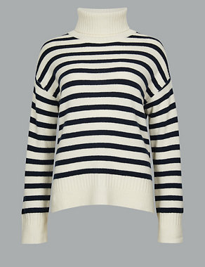 Pure Cashmere Striped Roll Neck Jumper Image 2 of 4