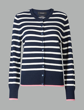 Pure Cashmere Striped Round Neck Cardigan Image 2 of 4