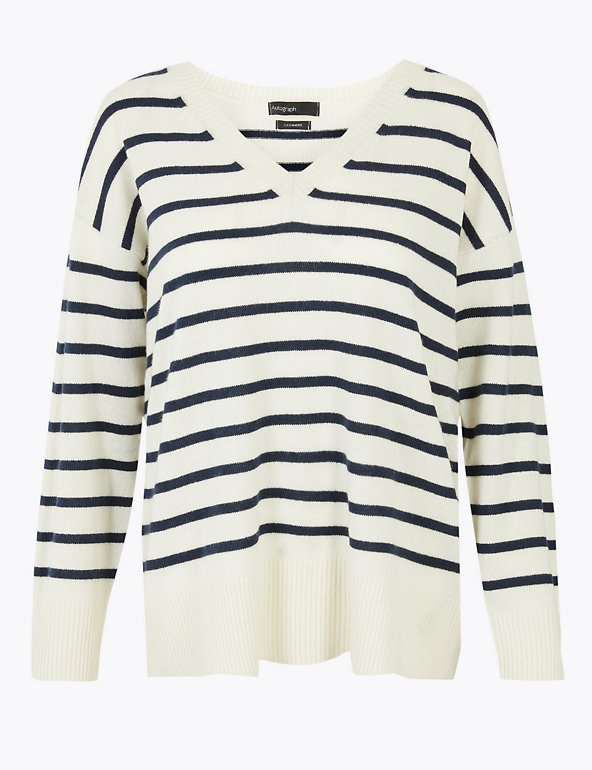Pure Cashmere Striped V-Neck Relaxed Jumper | Autograph | M&S