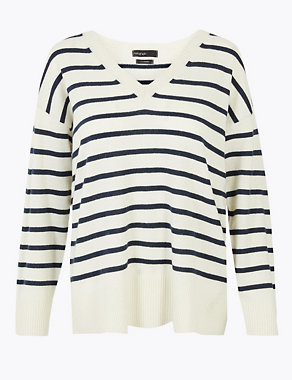 Pure Cashmere Striped V-Neck Relaxed Jumper Image 2 of 4