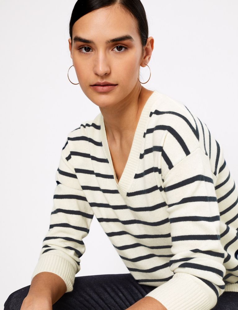 Pure Cashmere Striped V-Neck Relaxed Jumper 1 of 4