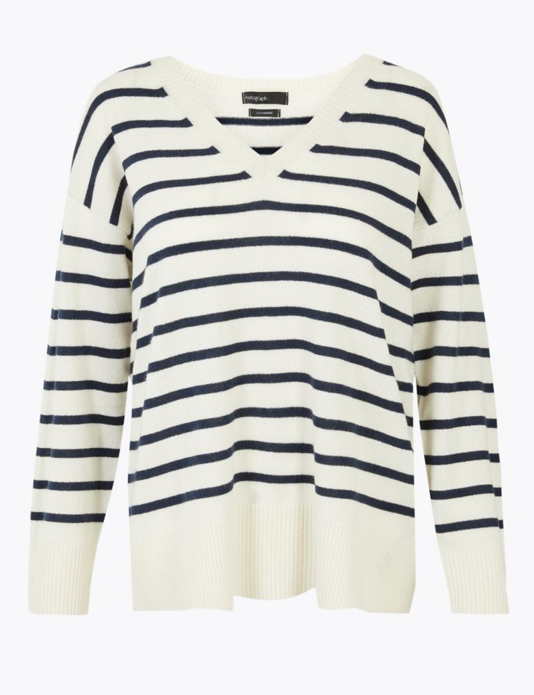 Pure Cashmere Striped V-Neck Relaxed Jumper 2 of 4