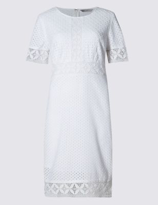 Pure Cotton  Broderie Panelled Shift Dress Image 2 of 3