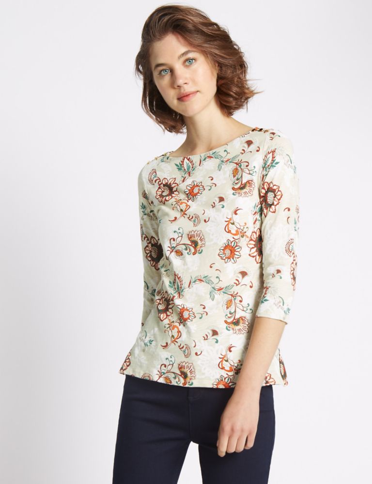 Pure Cotton  Floral Print with Shoulder Button Detail Top 1 of 3
