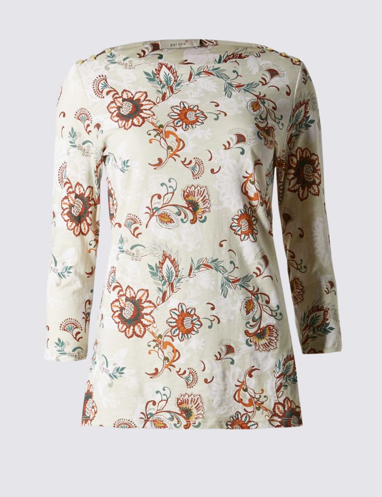 Pure Cotton  Floral Print with Shoulder Button Detail Top 2 of 3