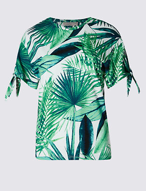 Pure Cotton  Leaf Print Knot Sleeve T-Shirt Image 2 of 4