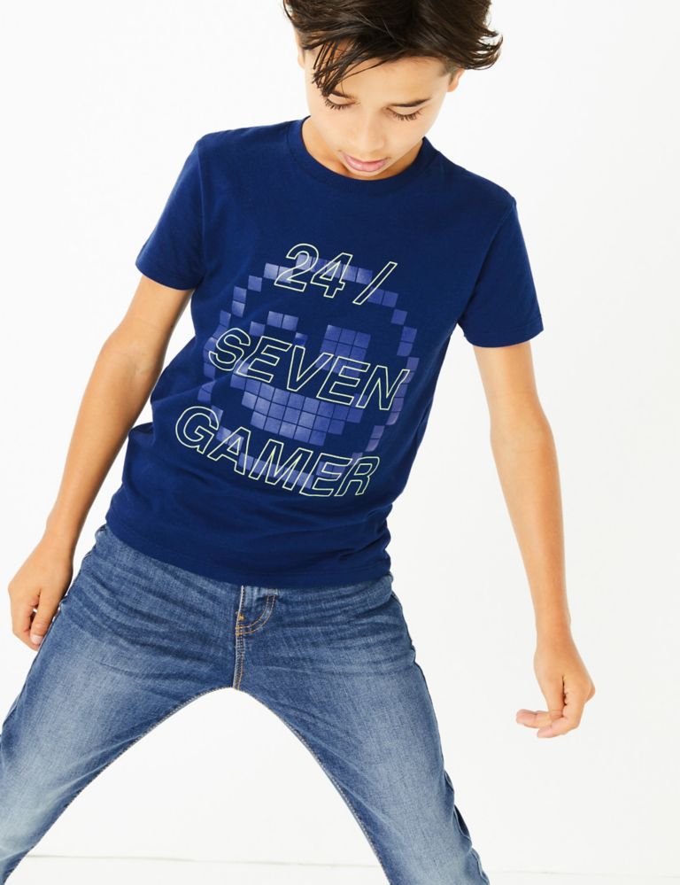 Pure Cotton 24/Seven Gamer Slogan T-Shirt (3-16 Yrs) 1 of 5
