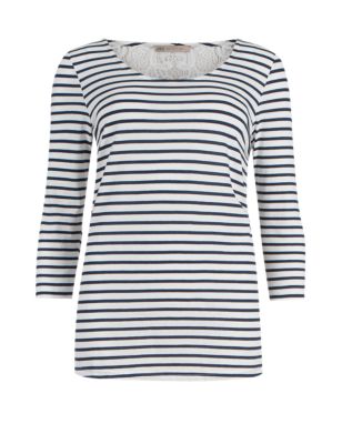 Pure Cotton 3/4 Sleeve Striped Rear Lace Top | M&S Collection | M&S